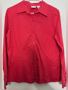 Kim Rogers Bright Red Button-Front Long Sleeve Shirt MD cotton blend stretch